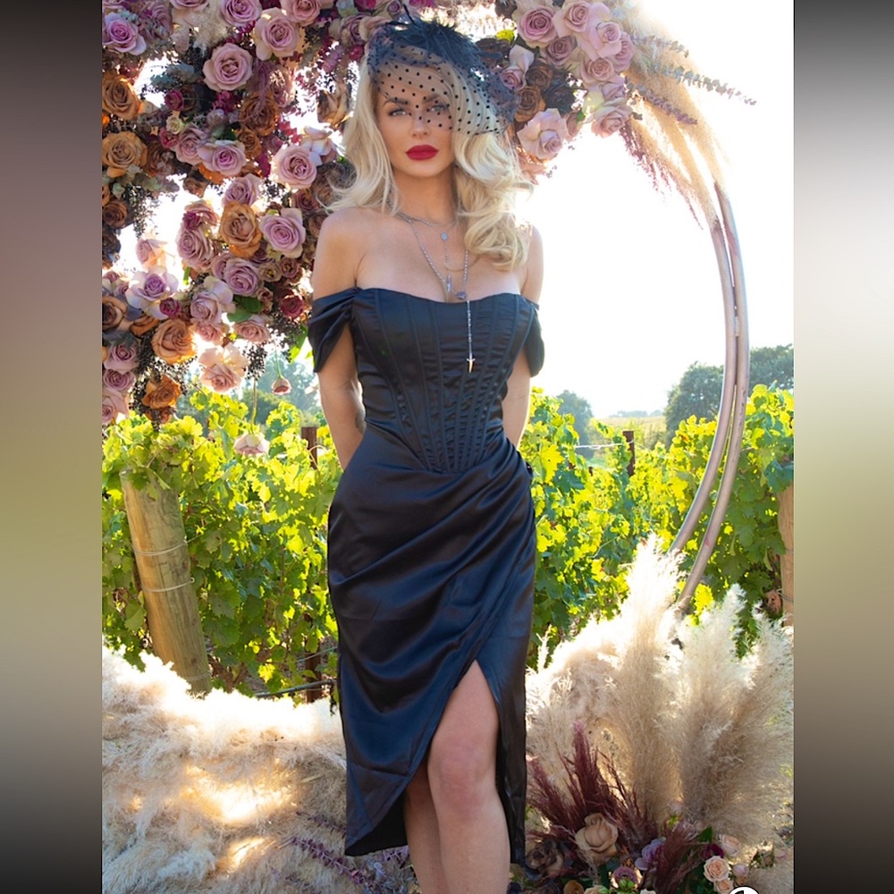 Bella Barnett off shoulder draped satin corset dress with thigh slit